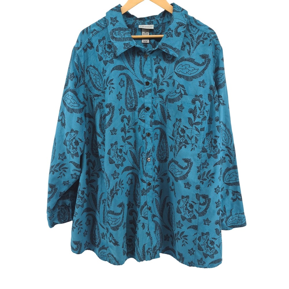 Catherines 4X Teal Paisley Faux Suede‎ Button Up Shirt Jacket Shacket Sz 30/32